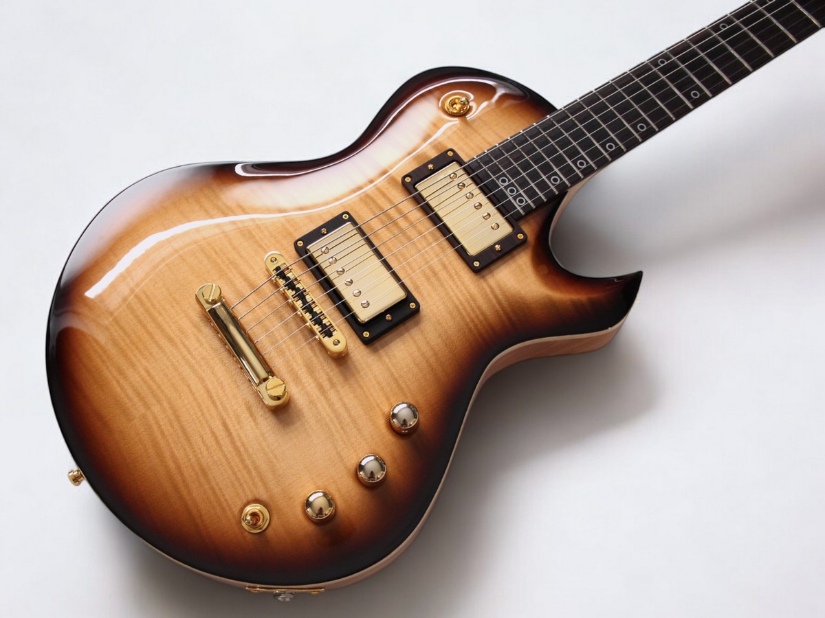 Cupido DP Custom, Singlecut guitar design mit flamed maple top und goldener Hardware. Zwei Humbucker und Palisander Griffbrett, gold-braune Farbe der Decke. Rückseite und Hals helles Holz naturfarben.