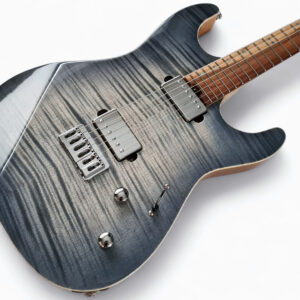NH Blueburst Custom electric guitar in Stratocaster Design by Zeal Guitars. Flamed Maple Top with blue-grey color burst, 2 Humbuckers with Chrom cover and chrome colored hardware. Dark fretboard made of plum, bright maple and cherry neck.